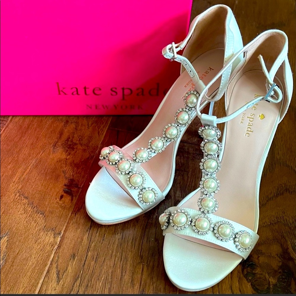 Kate Spade heels- Freya Satin Faux Pearl T-strap Dress Sandals